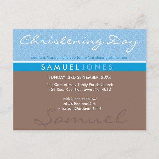 Postal De Invitación CHRISTENING INVITE simplemente groovy azul mocha m (Anverso)