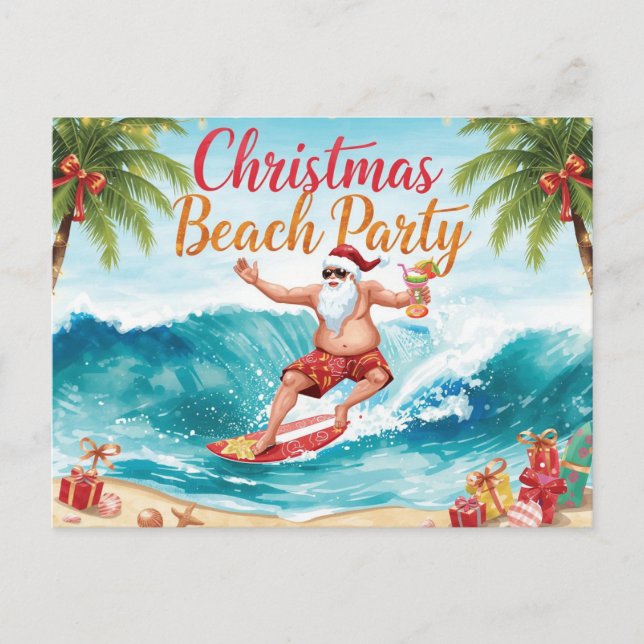 Postal De Invitación Christmas Beach Party – Tropical Santa Surfing  (Anverso)