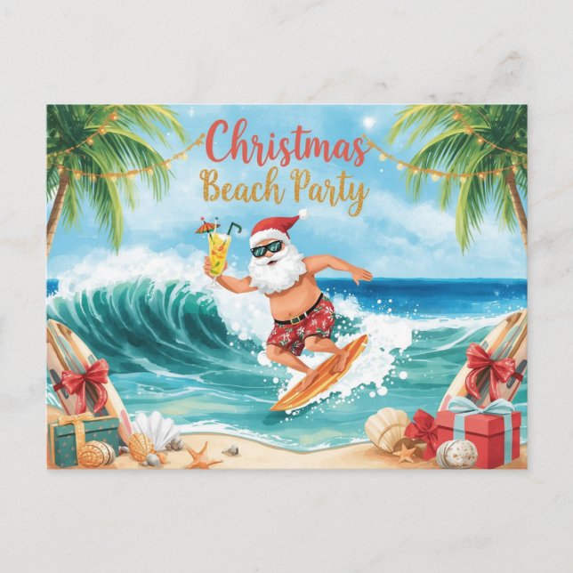 Postal De Invitación Christmas Beach Party – Tropical Santa Surfing  (Anverso)