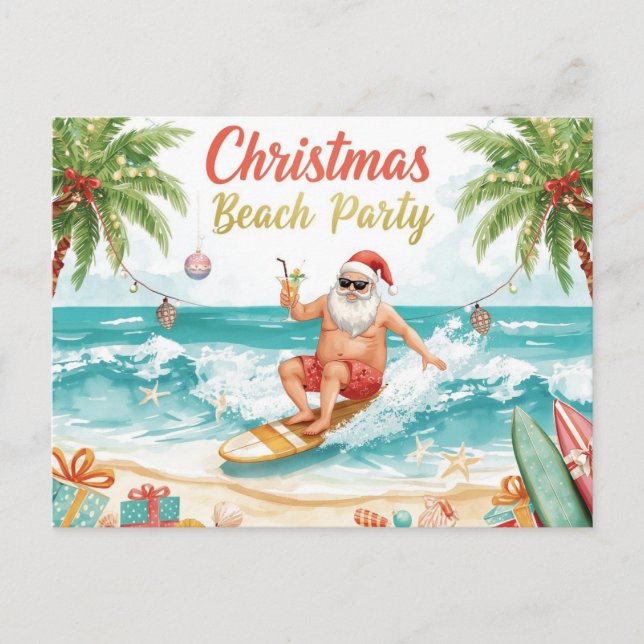 Postal De Invitación Christmas Beach Party – Tropical Santa Surfing  (Anverso)