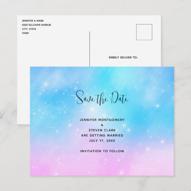 Postal De Invitación Cielo gradiente rosa y azul pastel Guardar fecha (Anverso / Reverso)