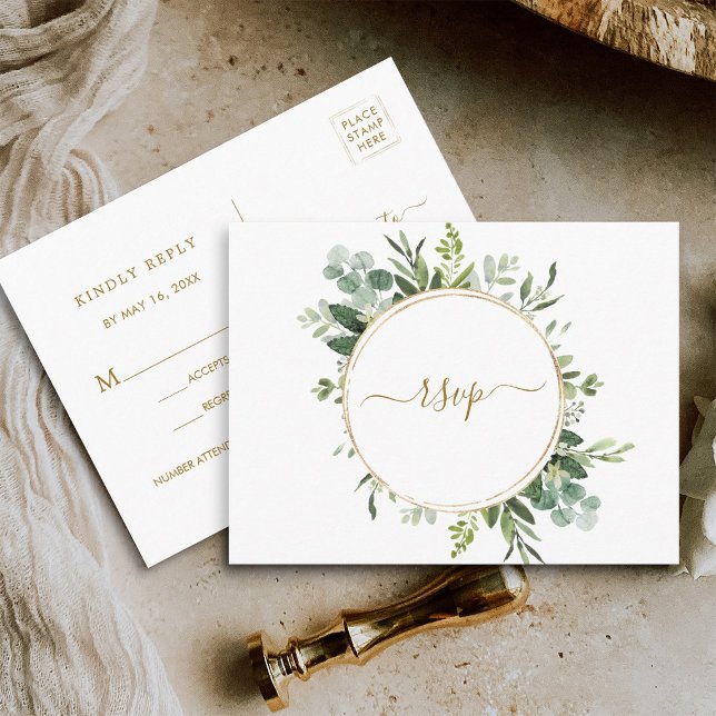 Postal De Invitación Círculo de oro botánico Corona Boda RSVP (Front & Back
)