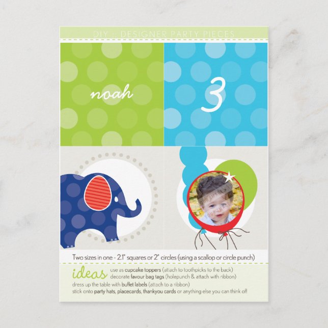 Postal De Invitación CÍRCULOS fiestas :: elefante + globos 3 (Anverso)
