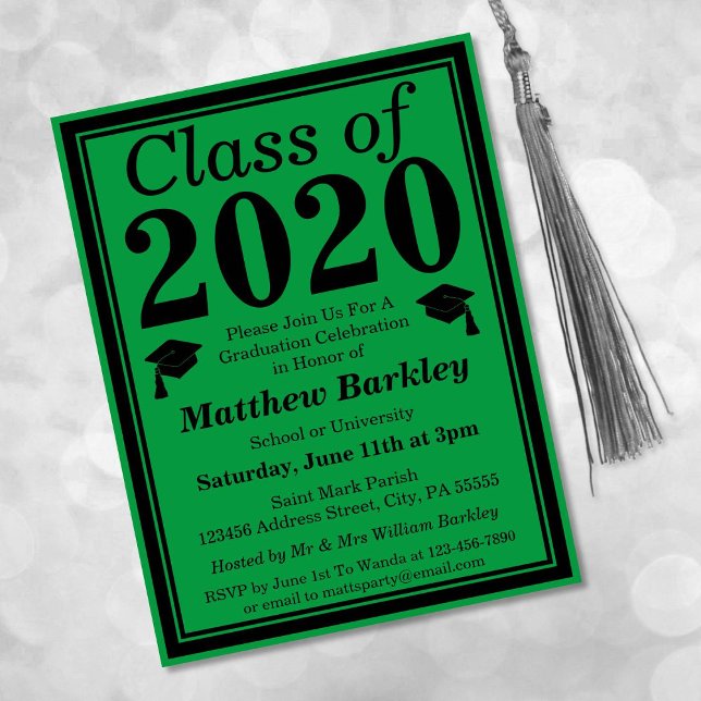 Postal De Invitación Clase de Graduación Negra Verde de 2024 (Subido por el creador)
