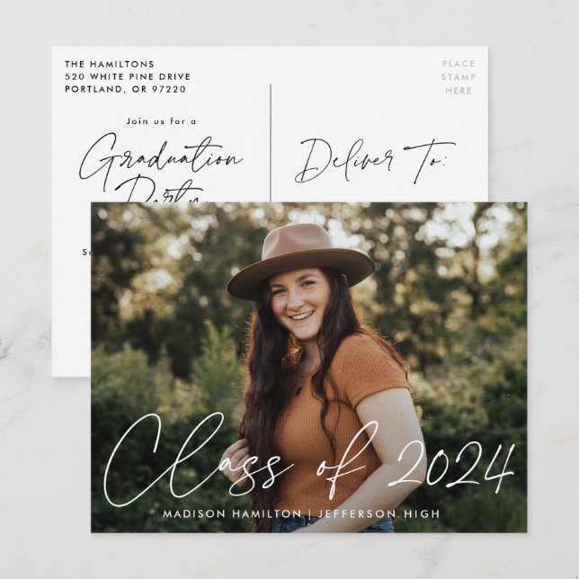 Postal De Invitación Clase del Partido de Graduación de Foto con Guión  (Anverso / Reverso)