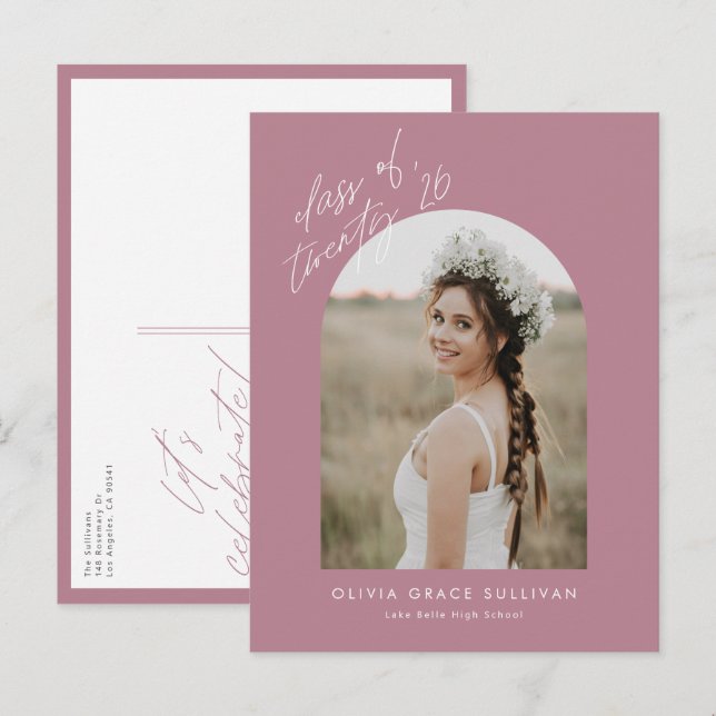 Postal De Invitación Clase Mauve de 2025 de Graduación de Foto Arch (Anverso / Reverso)