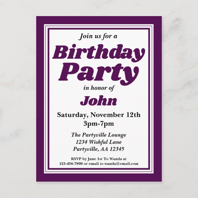 Postal De Invitación Clásica fiesta de cumpleaños de Adultos Púrpura Pr (Anverso)