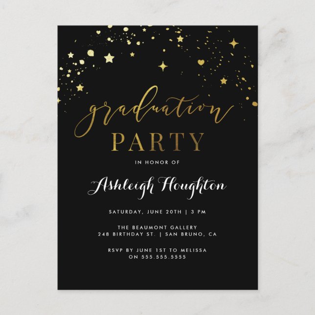 Postal De Invitación Clásica fiesta de graduación de Confetti Negro y O (Anverso)