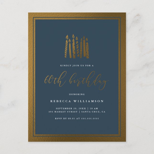 Postal De Invitación Clásica Velas Azules y Oro de la Marina 60 cumplea (Anverso)