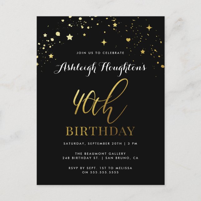Postal De Invitación Clásico Black & Gold Confetti 40 cumpleaños (Anverso)