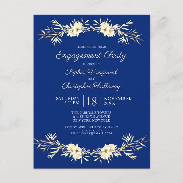 Postal De Invitación Clásico Blue Winter Floral Engagement Party Invita (Anverso)