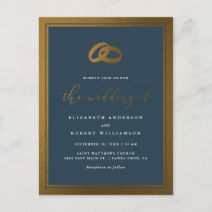 Postal De Invitación Clásico Boda Azul de Oro y Marina