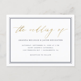 Postal De Invitación Clásico Boda de escritura azul y dorada de la Mari