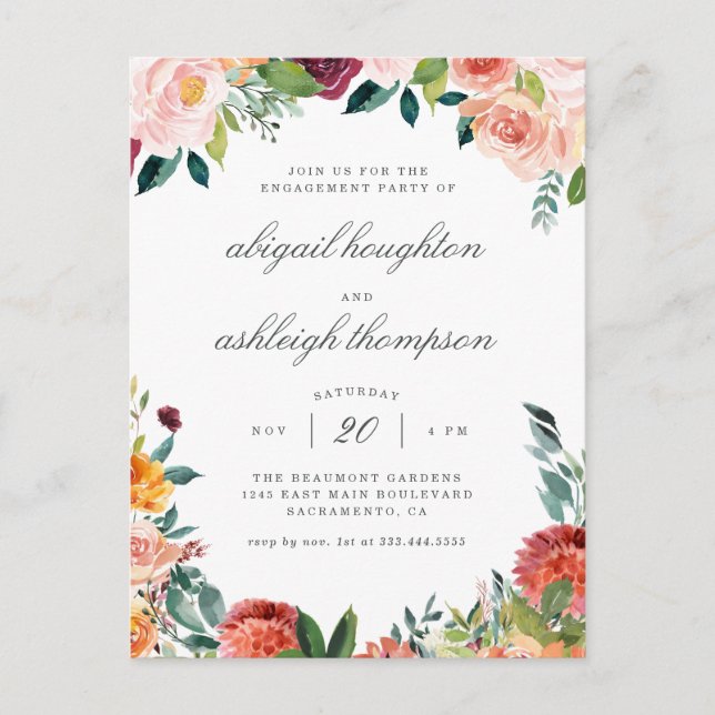 Postal De Invitación Clásico Burgundy Rubor Pink Floral Engagement Part (Anverso)