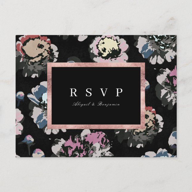 Postal De Invitación Clásico moderno negro abstracto boda floral RSVP (Anverso)