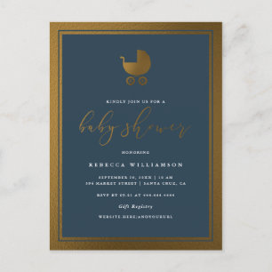 Postal De Invitación Clásico Navy Blue & Gold Pram Boy Baby Shower