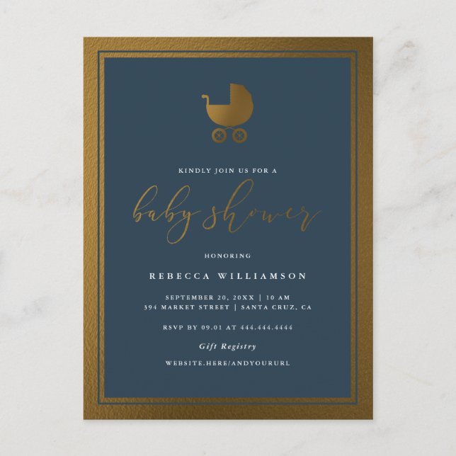 Postal De Invitación Clásico Navy Blue & Gold Pram Boy Baby Shower (Anverso)
