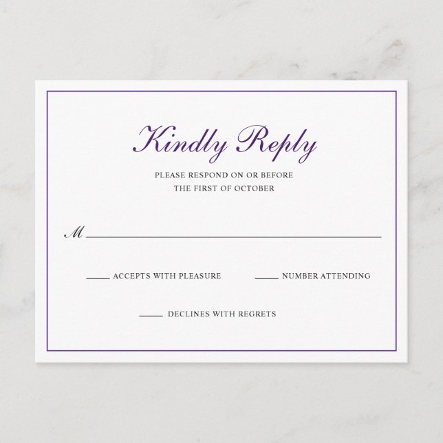 Postal De Invitación Clásico Royal Purple Wedding Formal RSVP (Anverso)