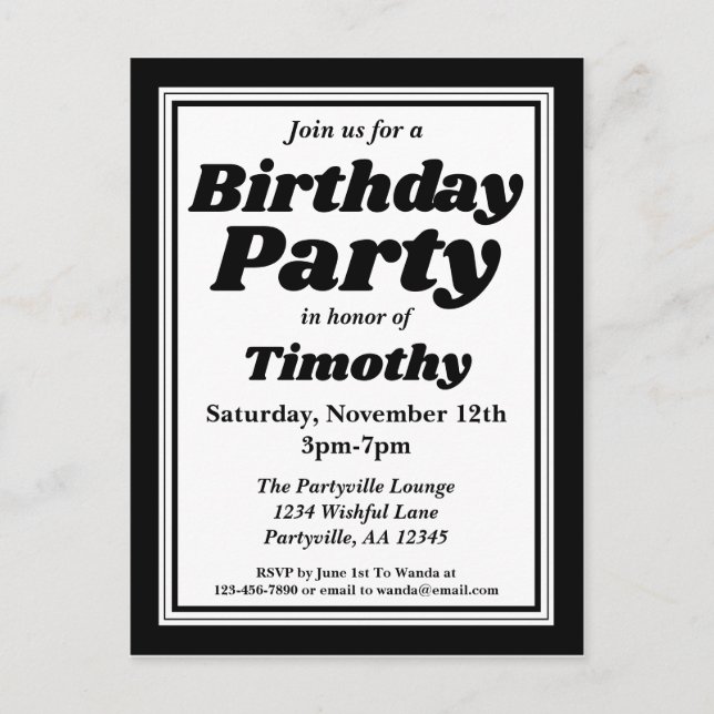 Postal De Invitación Classy Black Adults Birthday Party (Anverso)