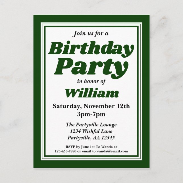 Postal De Invitación Classy Hunter Green Adulto Birthday Party (Anverso)