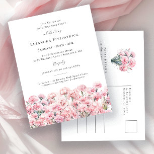 Postal De Invitación Clavel Rosa Cumpleaños 80 Enero Flor de Nacimiento