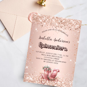 Postal De Invitación Coche de oro rosa Quinceanera