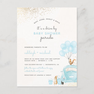 Postal De Invitación Coche Pastel Blue Balloons De Boy Baby Shower