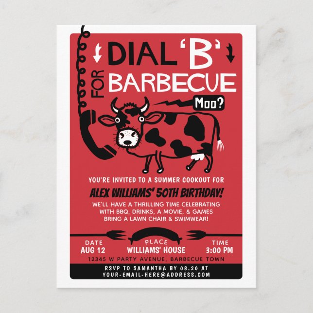Postal De Invitación Cocina divertida de parrillada de verano | Vaca de (Anverso)