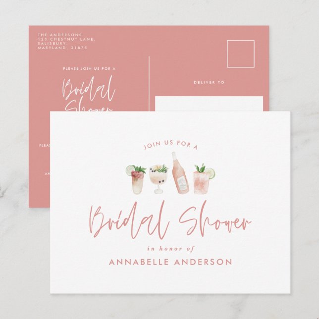 Postal De Invitación Cóctel rosado elegante ducha de novia moderna (Anverso / Reverso)