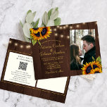 Postal De Invitación Código QR boda de fotografía floral rústico todo e<br><div class="desc">Rústico país boda de girasol elegante presupuesto asequible todo en una sola invitación y postal en línea rsvp con escaneo de código QR (generado automáticamente) y tu texto. Adecuado para jardines al aire libre,  patio trasero,  casa de campo o bodas de granero.</div>
