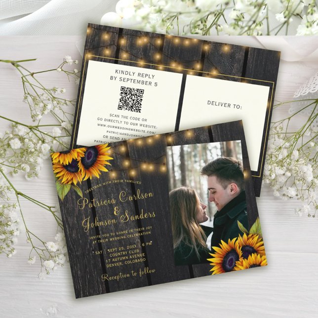 Postal De Invitación Código QR boda rústico de girasol todo en uno (Subido por el creador)