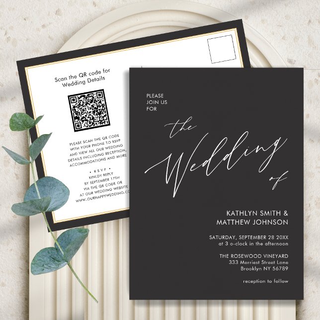 Postal De Invitación Código QR Gris De Carbón En Un Boda Moderno (Subido por el creador)
