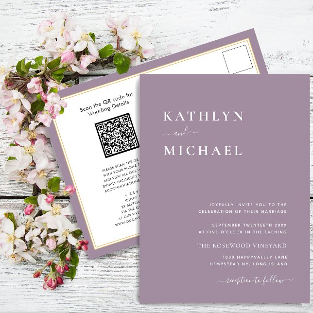 Postal De Invitación Código QR malva morado en un Boda moderno (Subido por el creador)