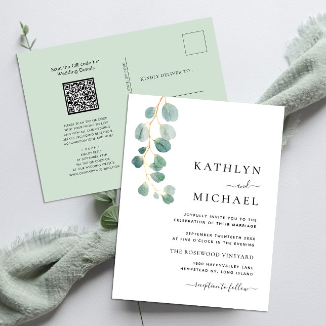 Postal De Invitación Código QR Todo En Un Boda Verde Eucalyptus Moderno (Subido por el creador)