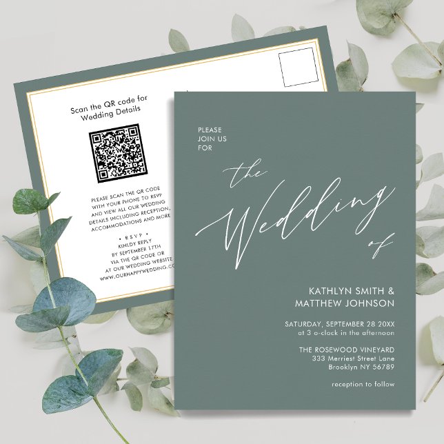 Postal De Invitación Código QR verde sabio todo en un Boda moderno (Subido por el creador)