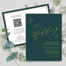 Postal De Invitación Código QR verde todo en un Boda de guión dorado