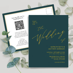 Postal De Invitación Código QR verde todo en un Boda de guión dorado