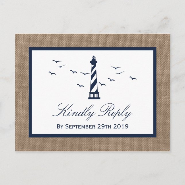 Postal De Invitación Colección de Bodas Burlap del faro náutico (Anverso)