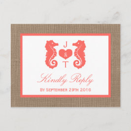 Postal De Invitación Colección de Bodas de Playa Coral Seahorse Burlap