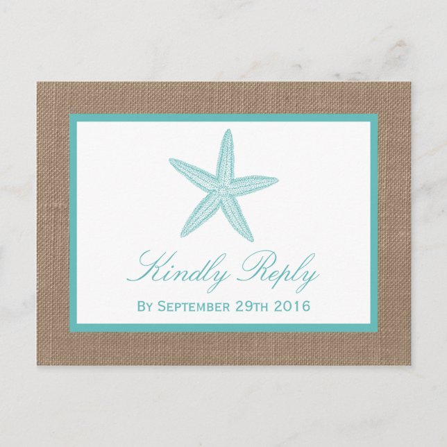 Postal De Invitación Colección Turquoise Starfish Burlap Beach Wedding (Anverso)