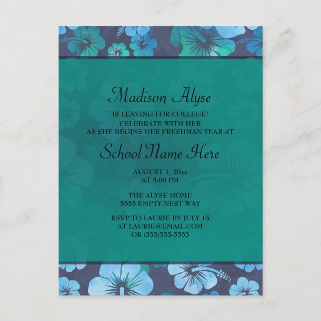 Postal De Invitación Colegio de Fiestas de maletero floral tropical azu (Anverso)