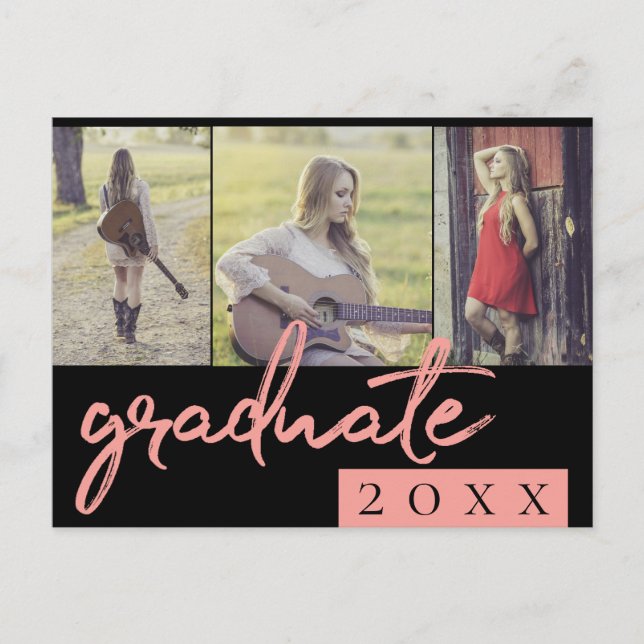 Postal De Invitación Collage de graduados | Coral Script 3 Photo Keepsa (Anverso)