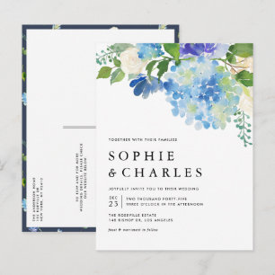Postal De Invitación Color de agua azul Hidrangea QR Boda de código