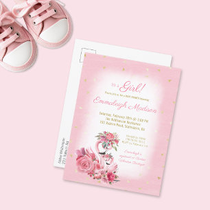 Postal De Invitación Color de agua rosa Flamingo Ballerina Baby Shower