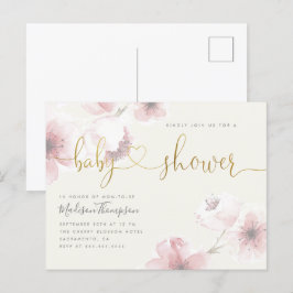Postal De Invitación Color marfil | Cherry Blossom Gold Floral Baby Sho