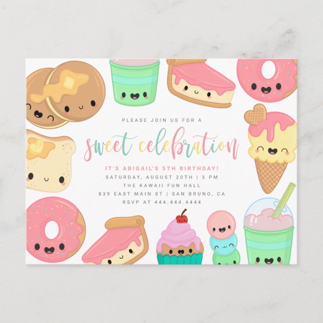 Postal De Invitación Coloridos Kawaii Sweet Elements Cumpleaños de los  (Anverso)