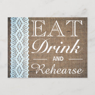Postal De Invitación Comer bebida y ensayar Burlap Lace Ensayo Cena