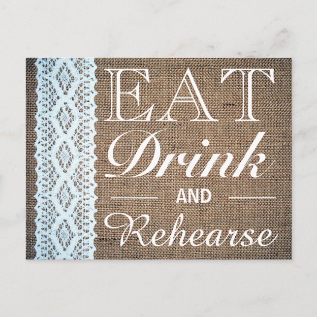 Postal De Invitación Comer bebida y ensayar Burlap Lace Ensayo Cena (Anverso)