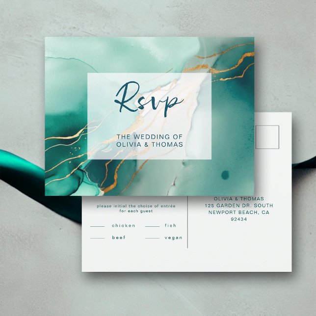 Postal De Invitación Comida de Boho Beach Wedding de oro esmeralda mode (emerald green modern summer beach wedding rsvp meal choice romantic elegant bohemian gold chic)