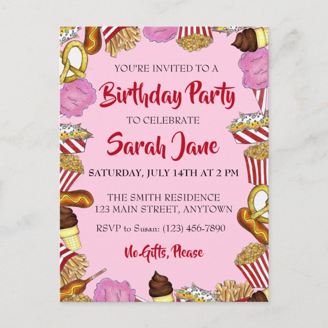 Postal De Invitación Comida de Fiesta de Cumpleaños del Carnaval Estata (Anverso)